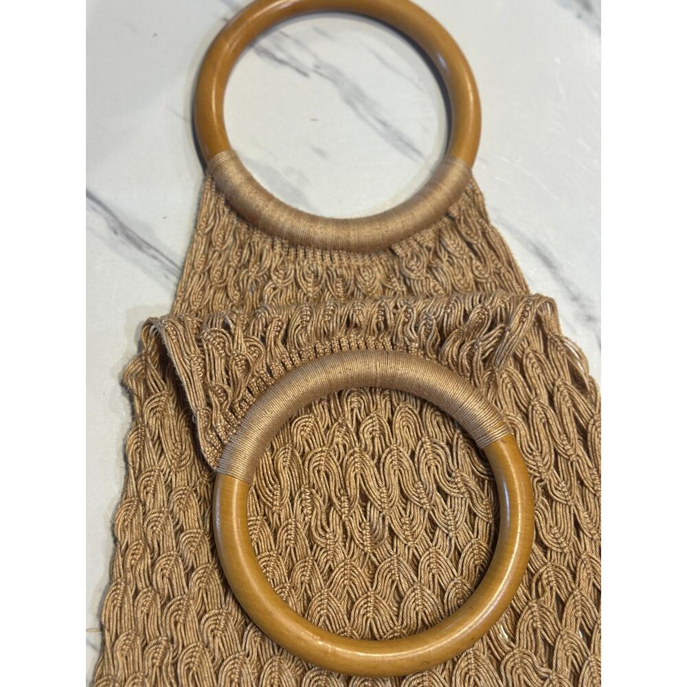 Vintage Boho Macramé Handbag with Wooden Ring Handles – Handmade Knit Tote - Picture 2 of 6
